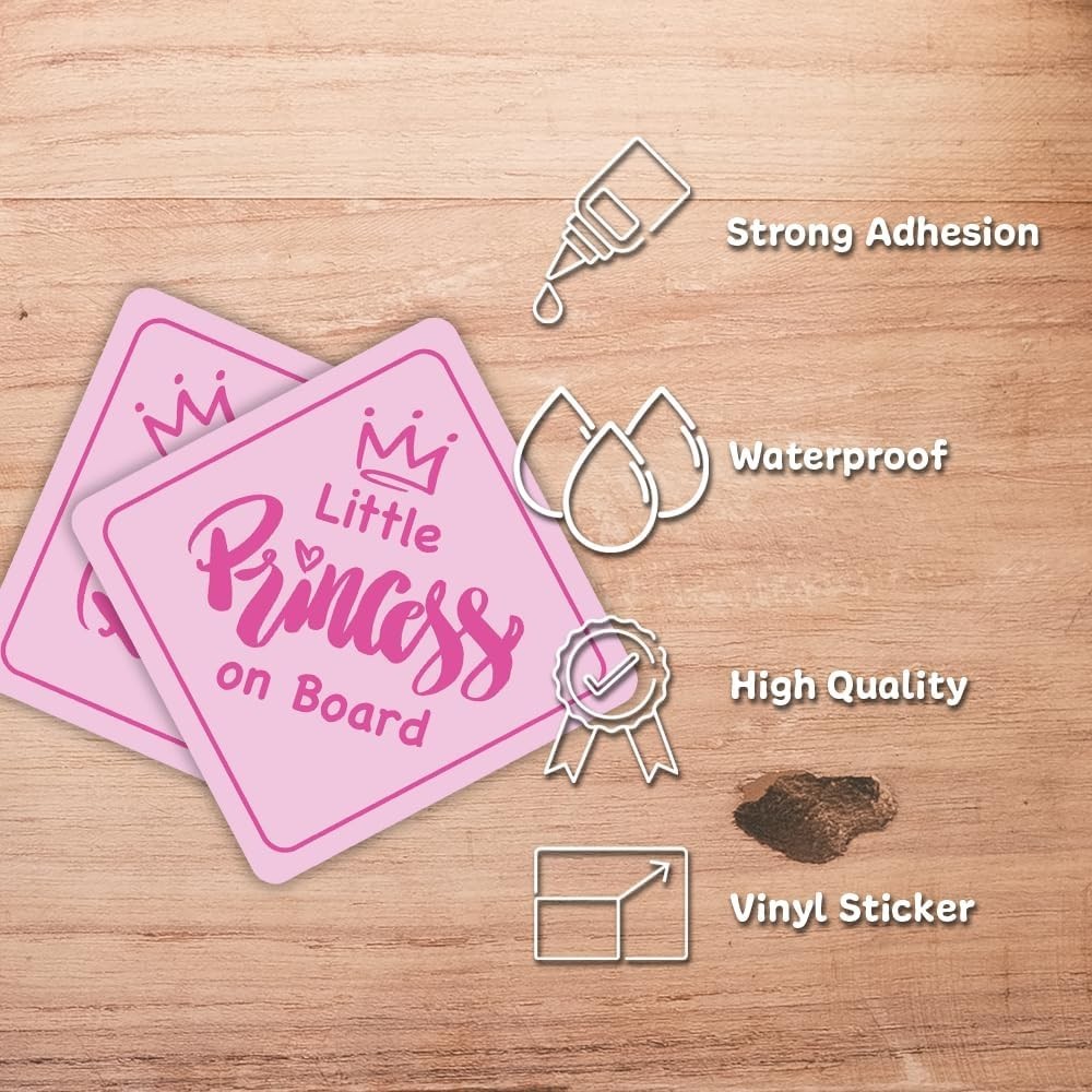 Pink Little Princess On Board Bumper Sticker Baby Decal Window Sign 6" x 6" 2pcs