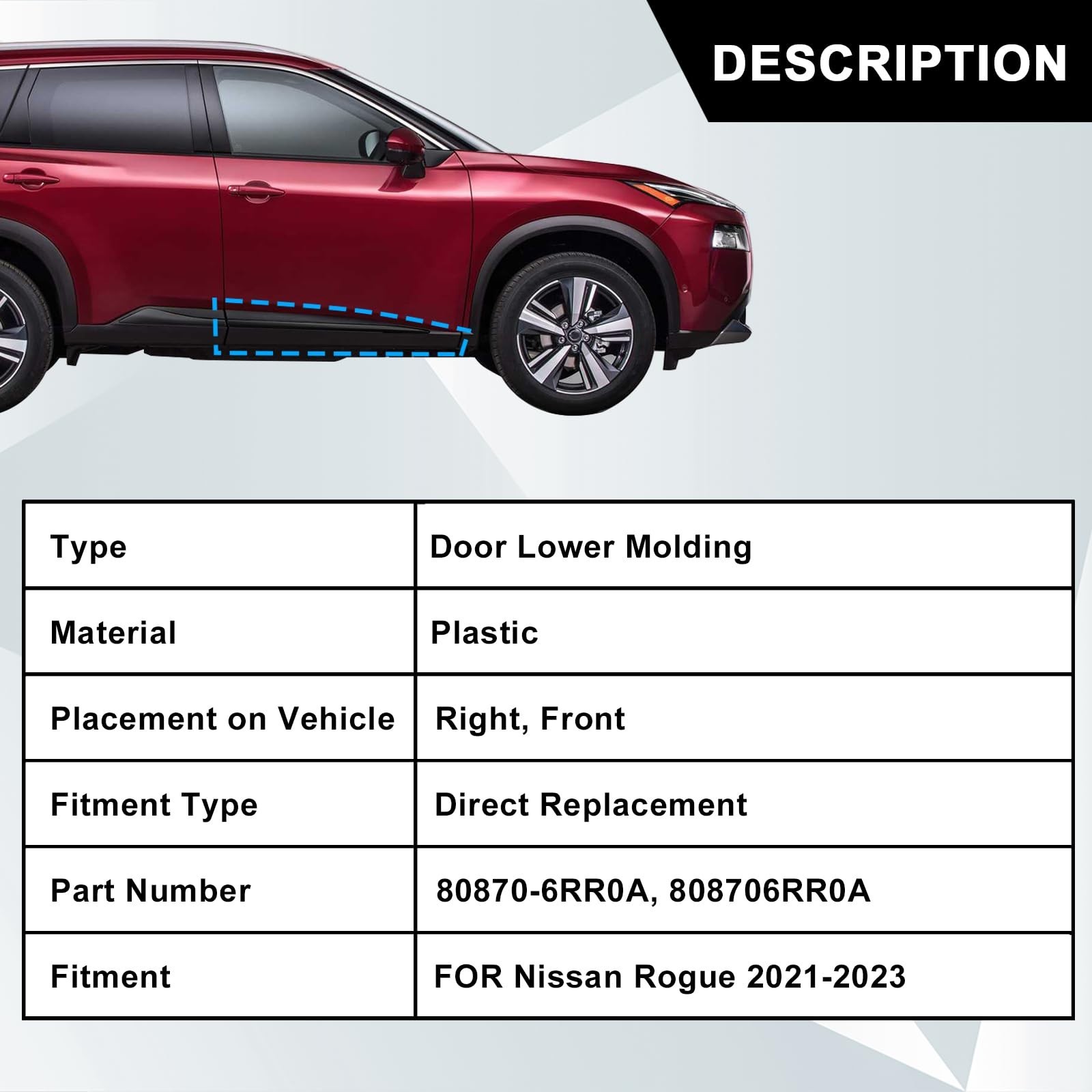 Front Right Passenger Lower Door Trim Molding Compatible with Nissan Rogue 2021