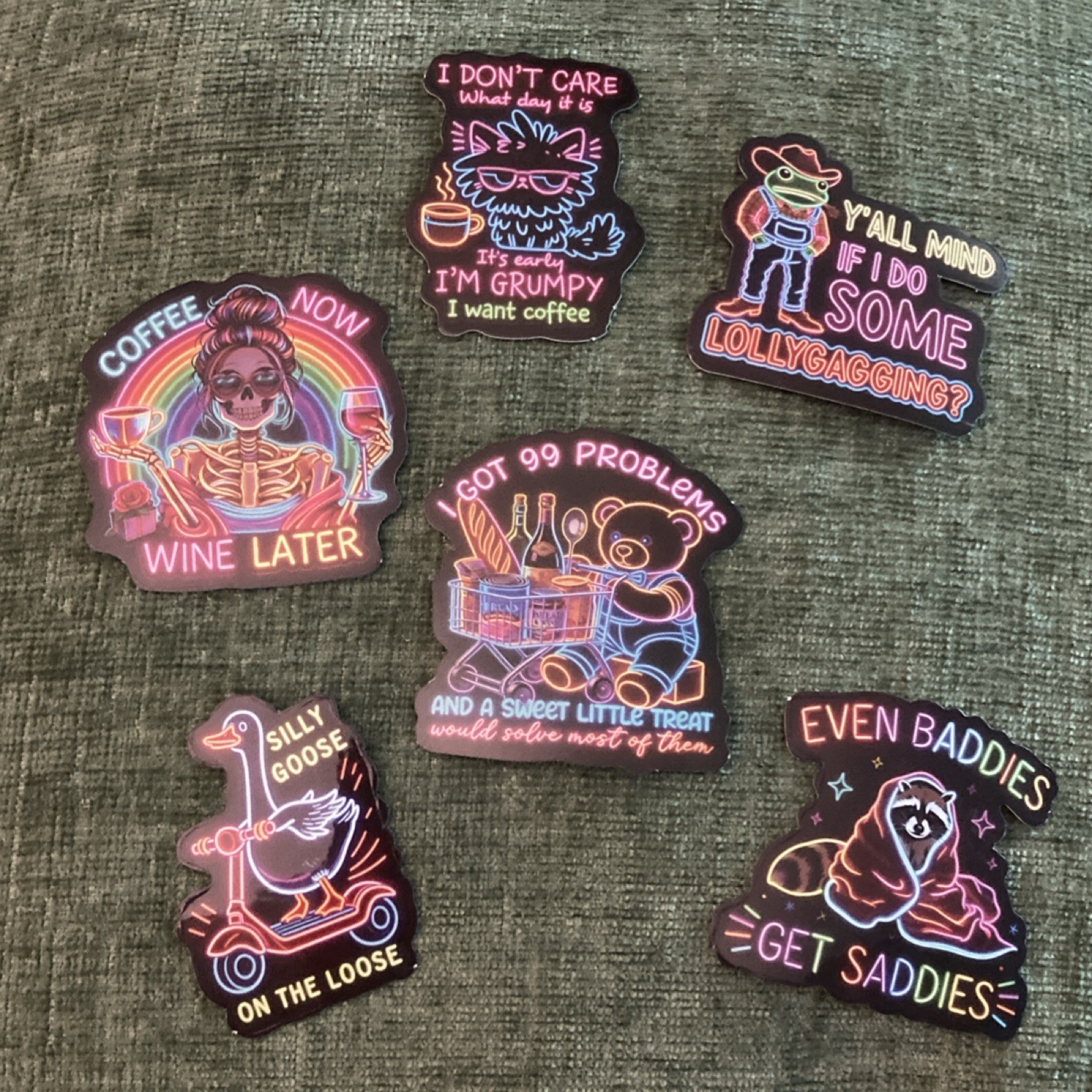 6 Multicolor Vinyl Stickers Set, Neon Art, Humorous Animals, Waterproof, Modern