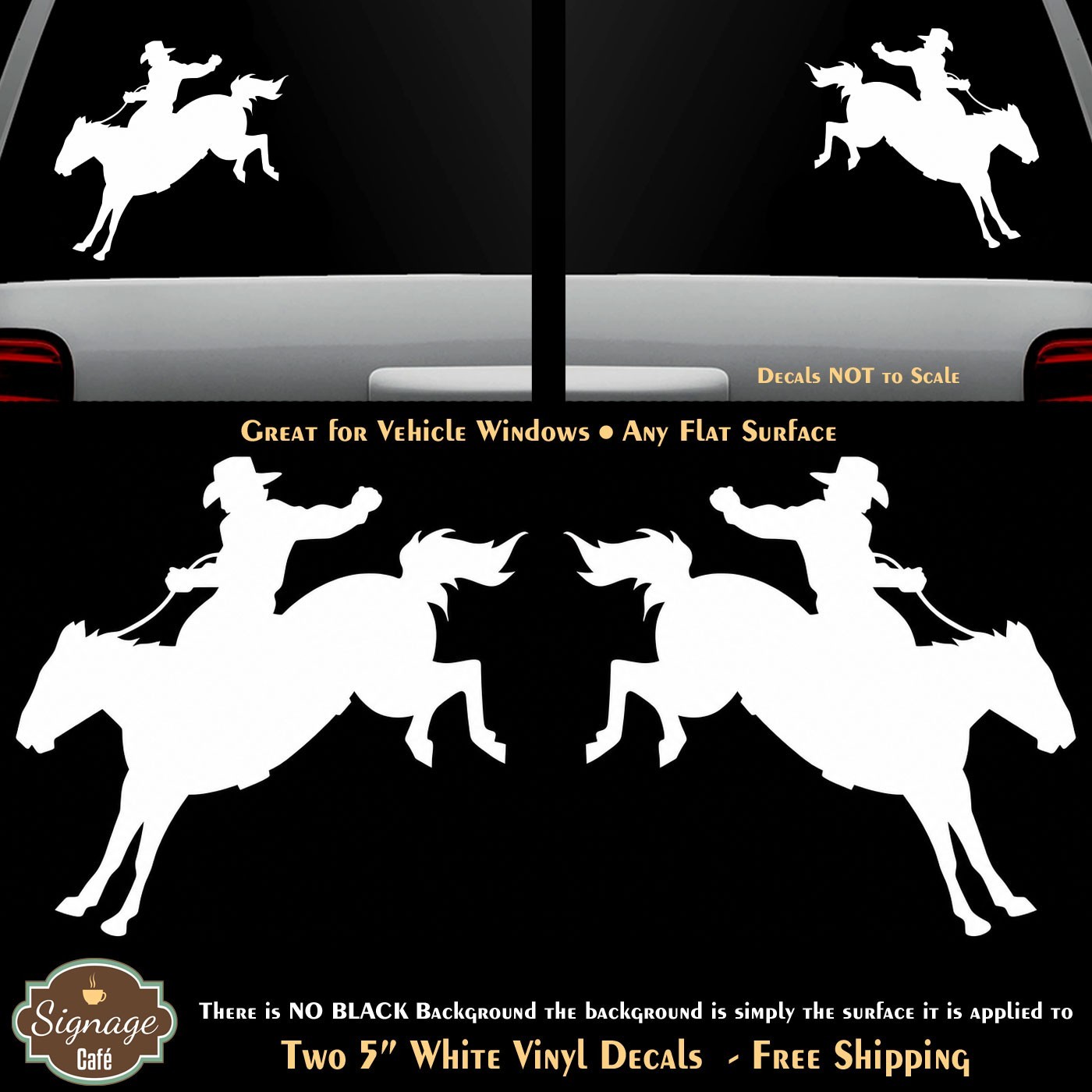 Cowboy Horse Rider Rodeo Two 5" White Decals Vehicle Window Any Flat Surface