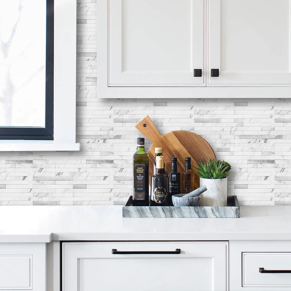 AULIGET 20 Sheets Faux Stone Peel and Stick Backsplash, White Marble Look PVC