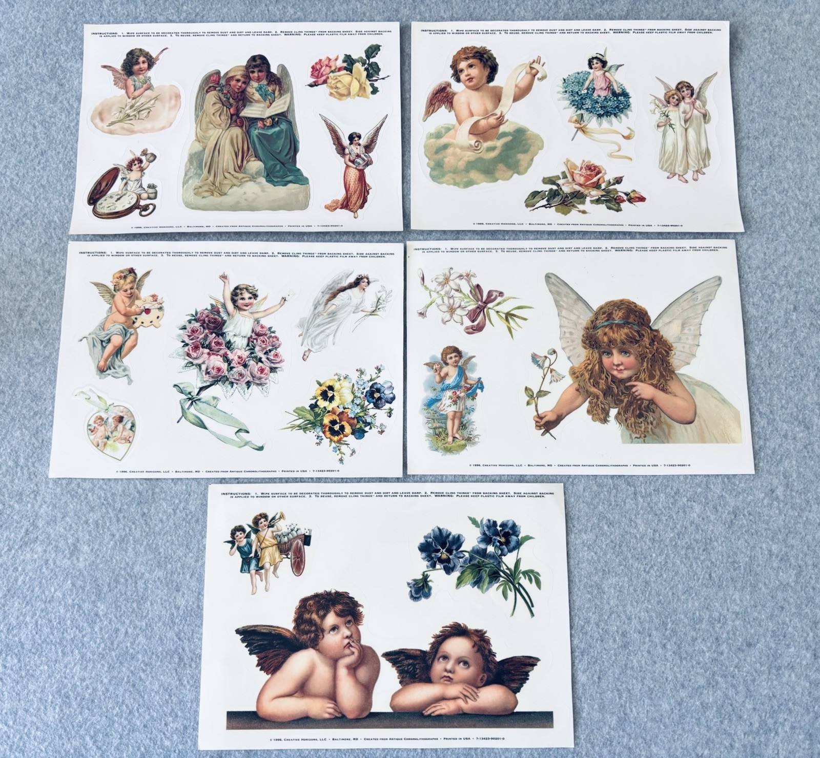5 Sheet Window Decals Static Cling 1996 Creative Horizons Angels Cherubs Vintage