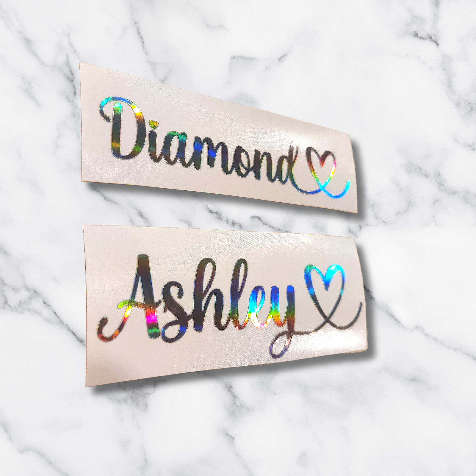 Holographic Custom Cursive Name with Hearts Vinyl Custom Lettering Decal