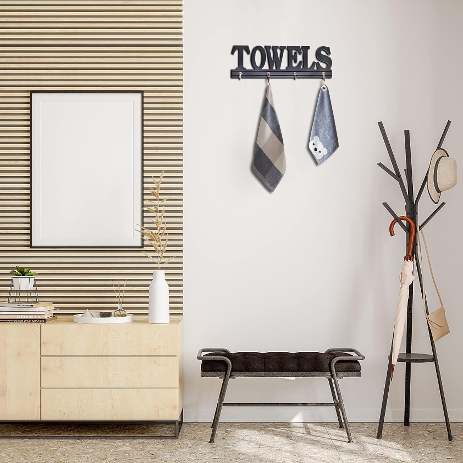Towel Rack 4 Hooks Wooden Towels Holder for Bathroom – Wall Mount Towels Hanger