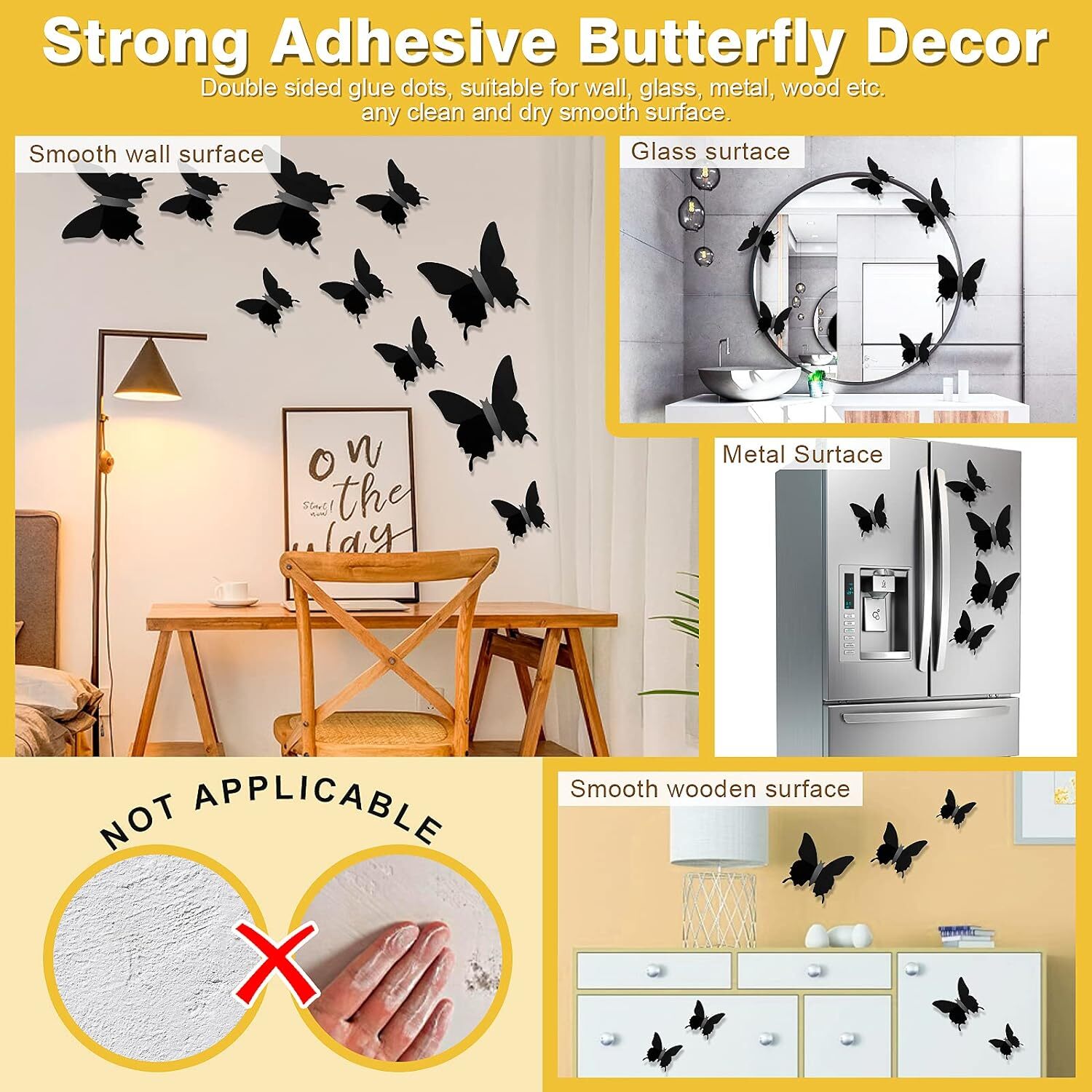 3D Butterfly Wall Decor 48pcs Black Polished Butterflies Stickers