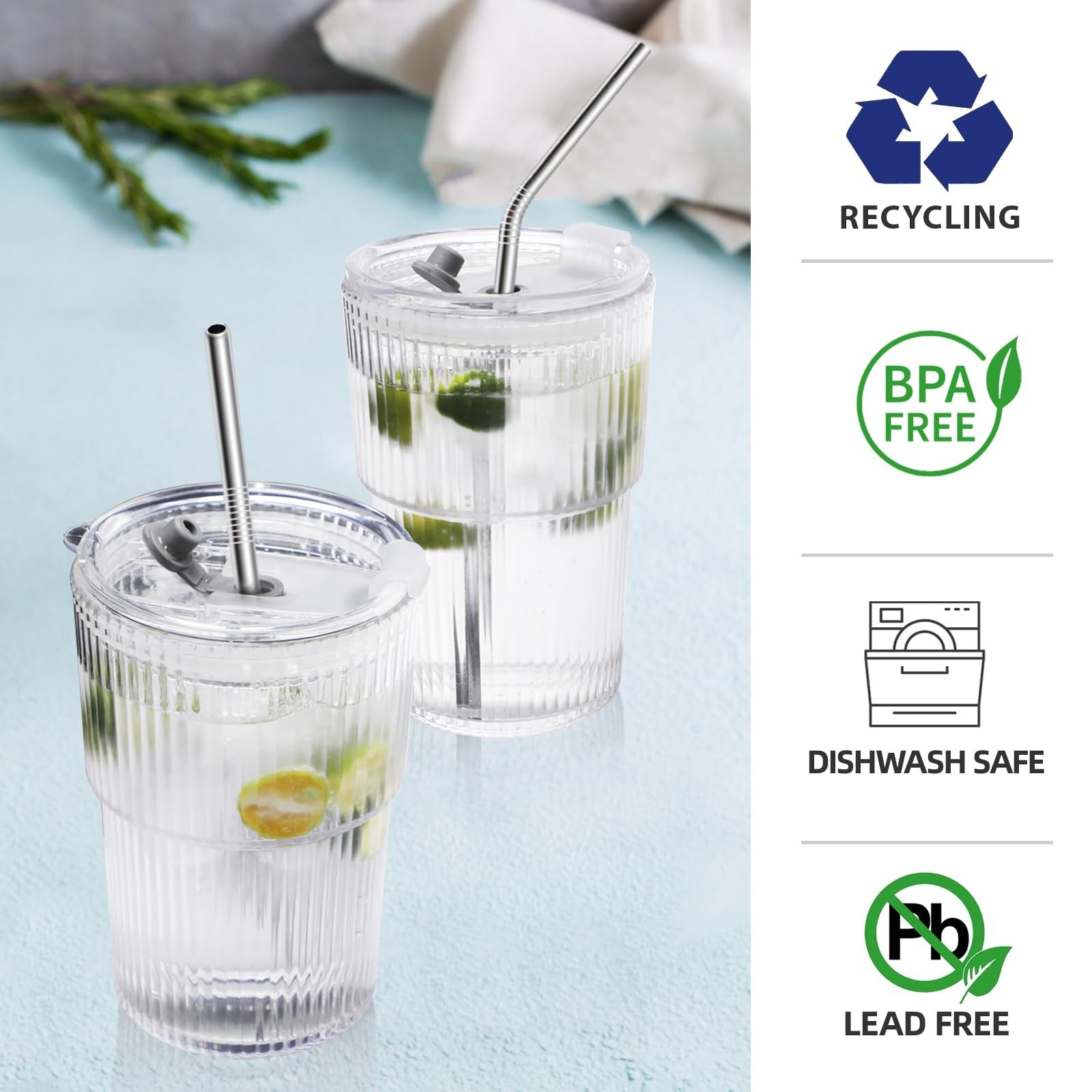 16 OZ Iced Coffee Cups with Lids and Straws Set of 4, Unbreakable Plastic Dri…