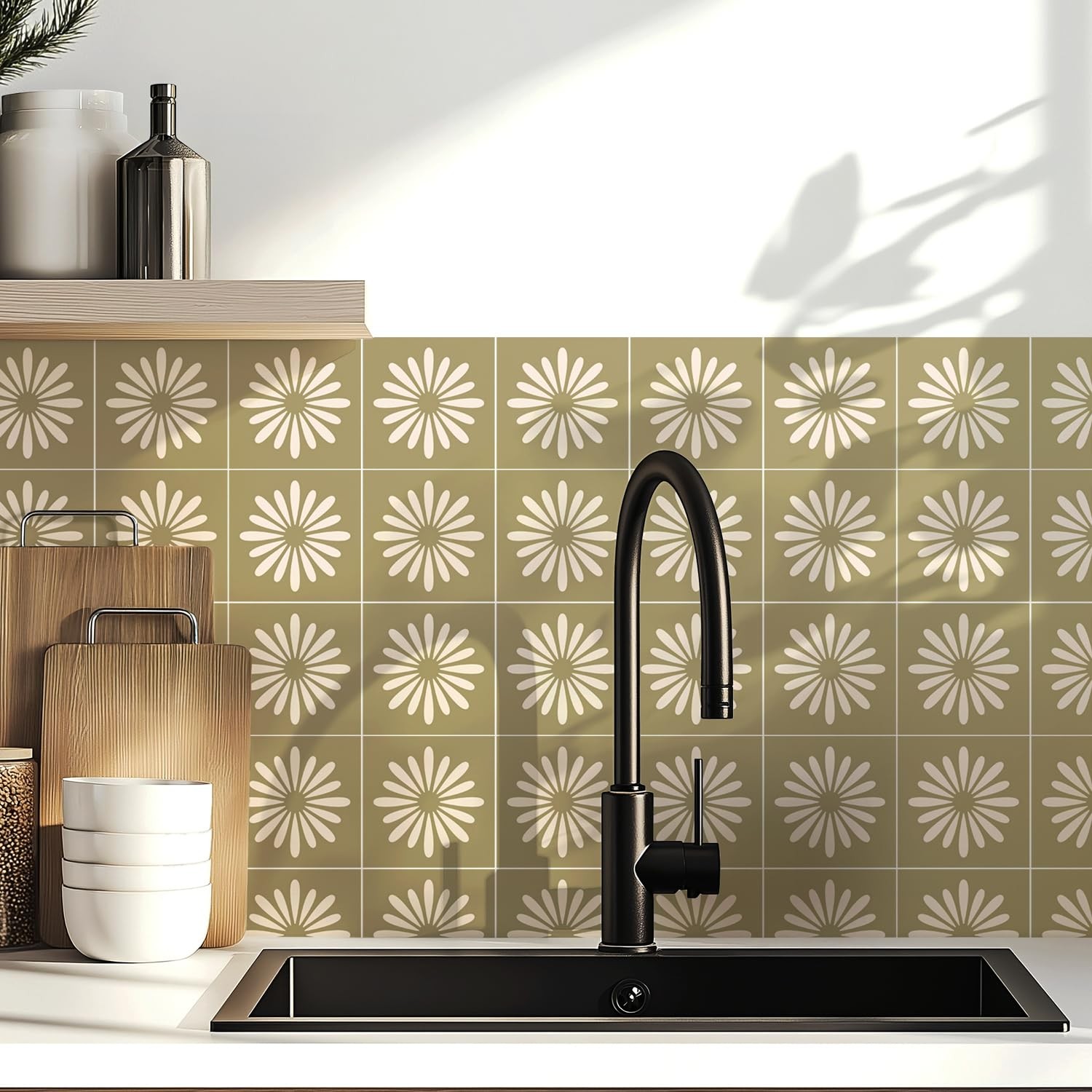 30 Pack, 4×4 Inch Sage Green Tile Decals, Mid-Century Modern Floral Peel and …