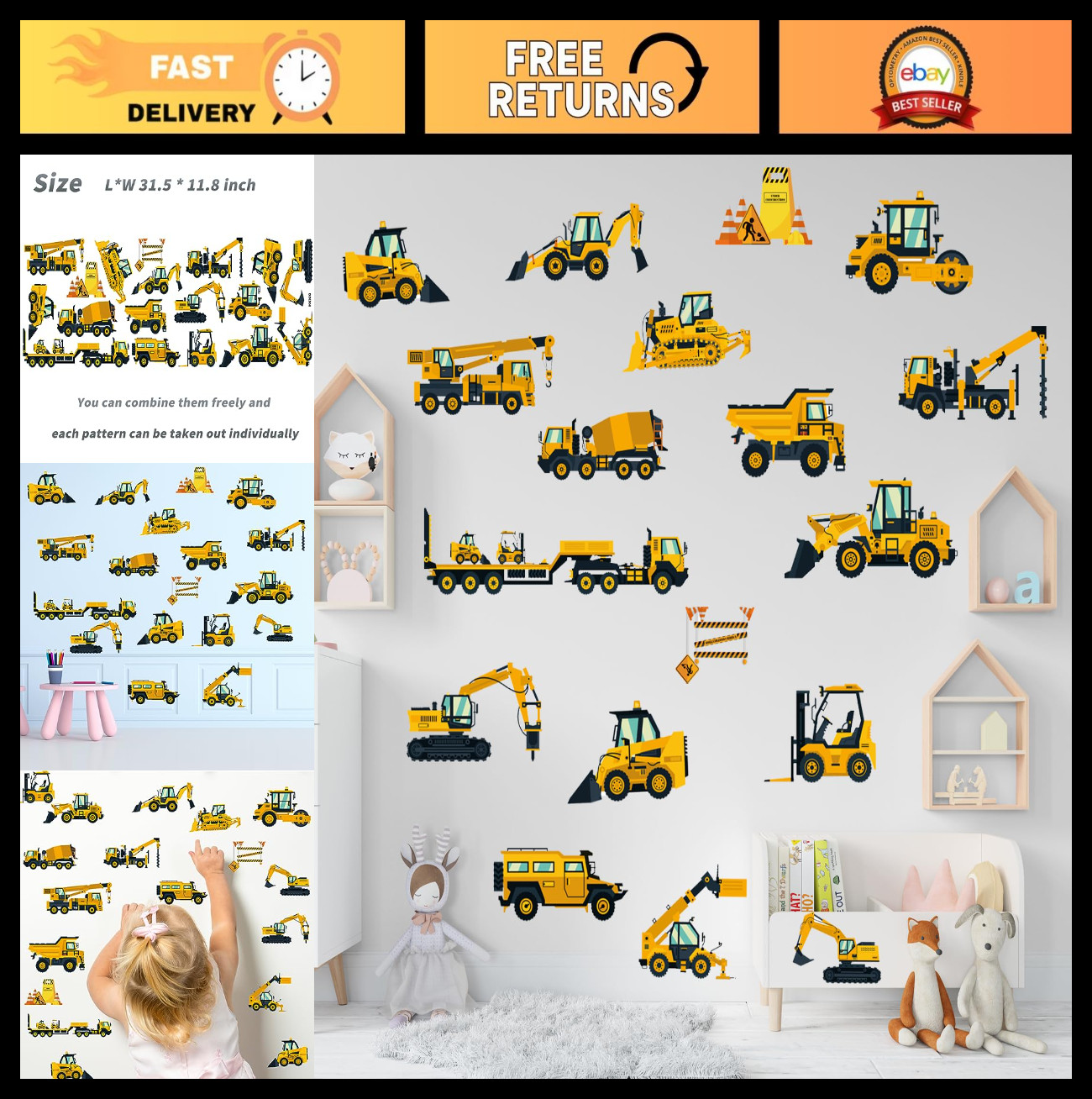 Construction Vehicles Wall Decals – Peel & Stick Removable Stickers for Kids' Ro