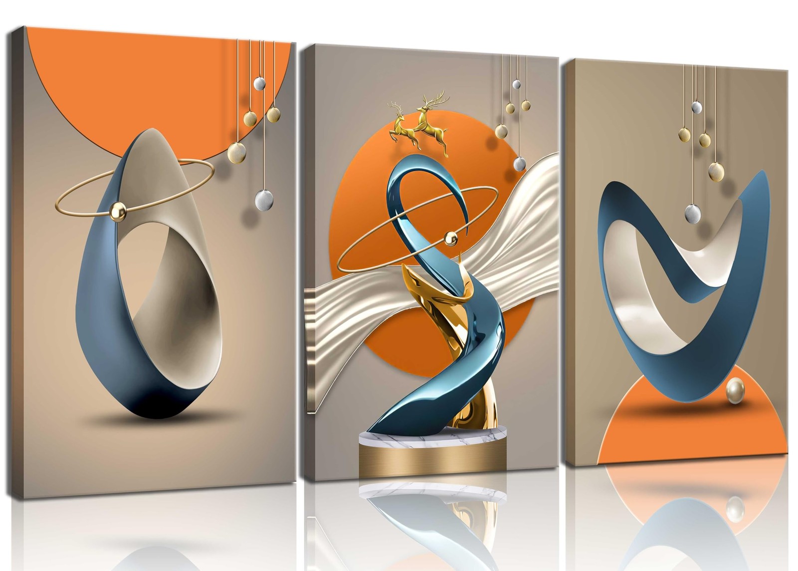 3 Pcs Bright Style Canvas Wall Art Modern Abstract Golden Deer Luxury Foil Li…