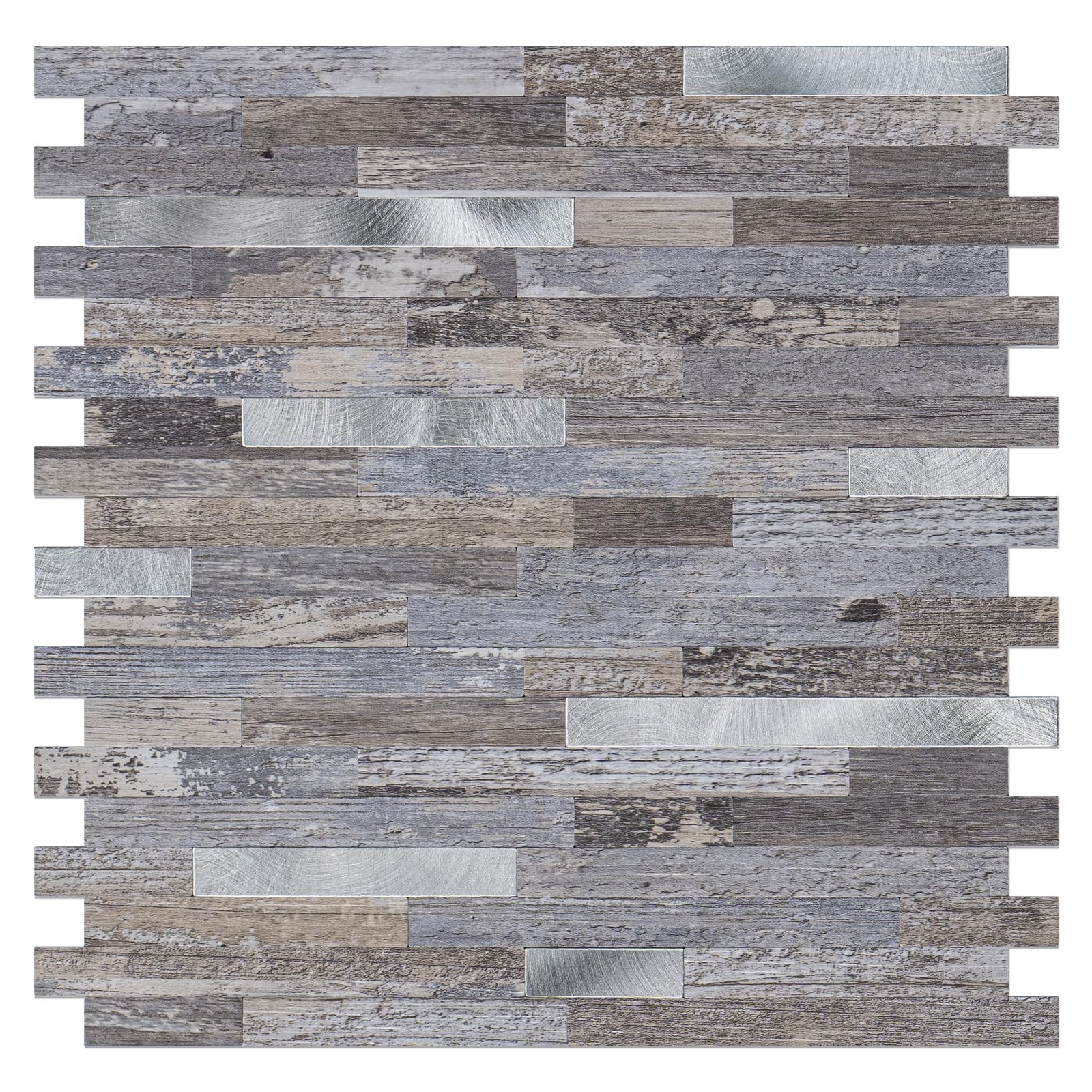 10-Peel and Stick Backsplash, Distressed Wood with Metal Silver Adhesive Wall…