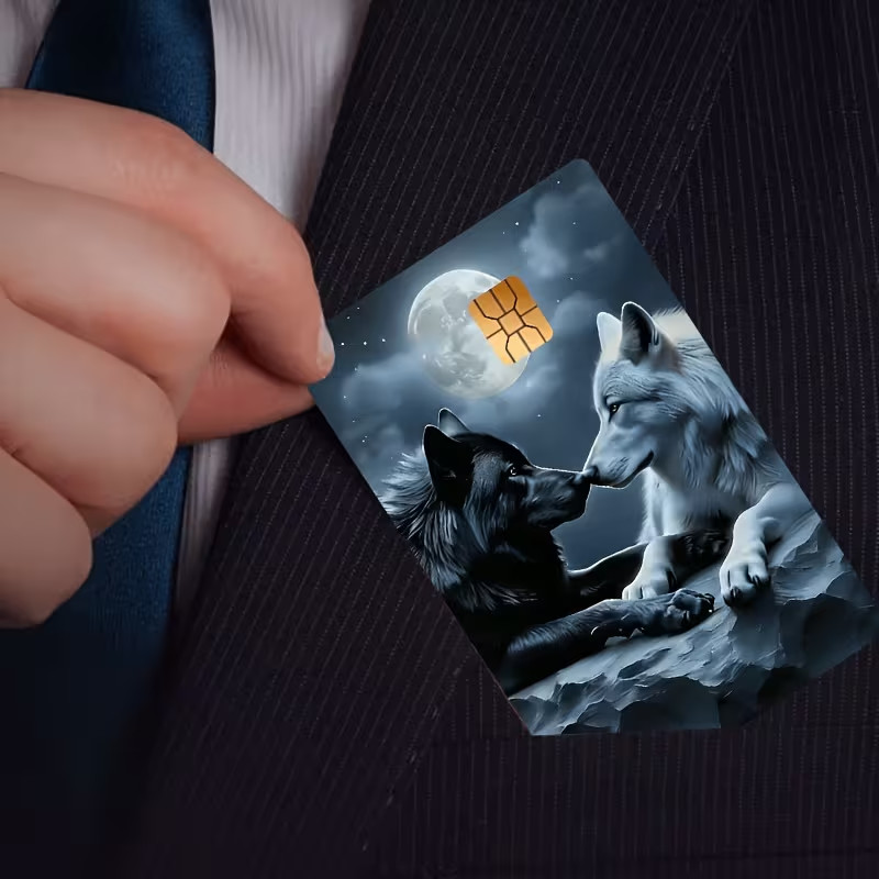 Black & White Wolves at Full Moon Credit Card Skin Sticker | Mystic Wolves