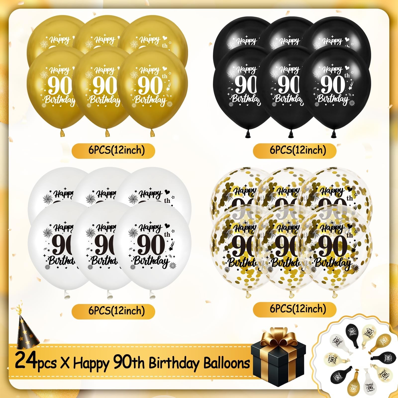 90th Birthday Balloons for Men, 24Pcs Black Gold White Happy 90th Birthday Ba…