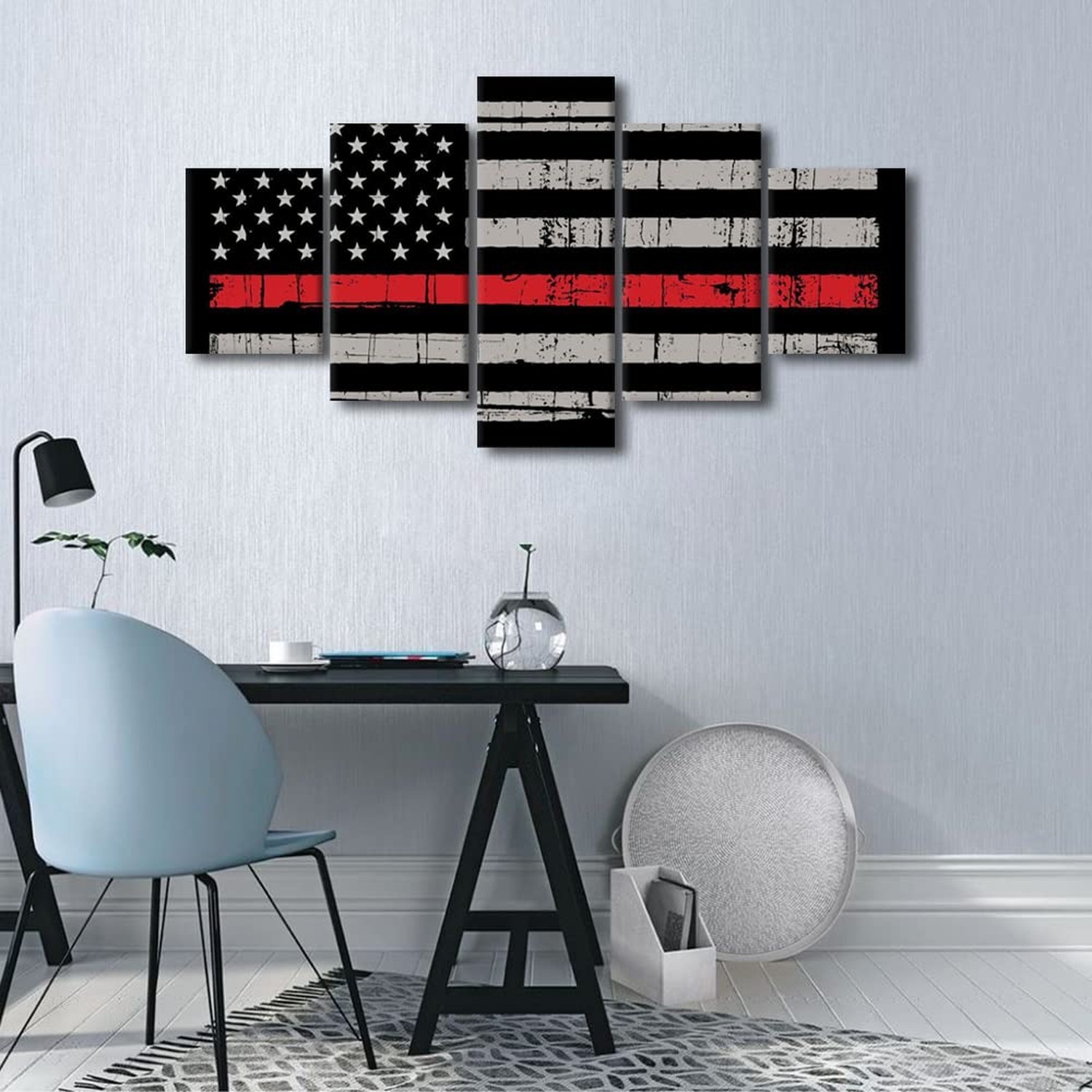 5 Panels Retro American Flag Wall Art Black White and Red US Flag Painting Pr…