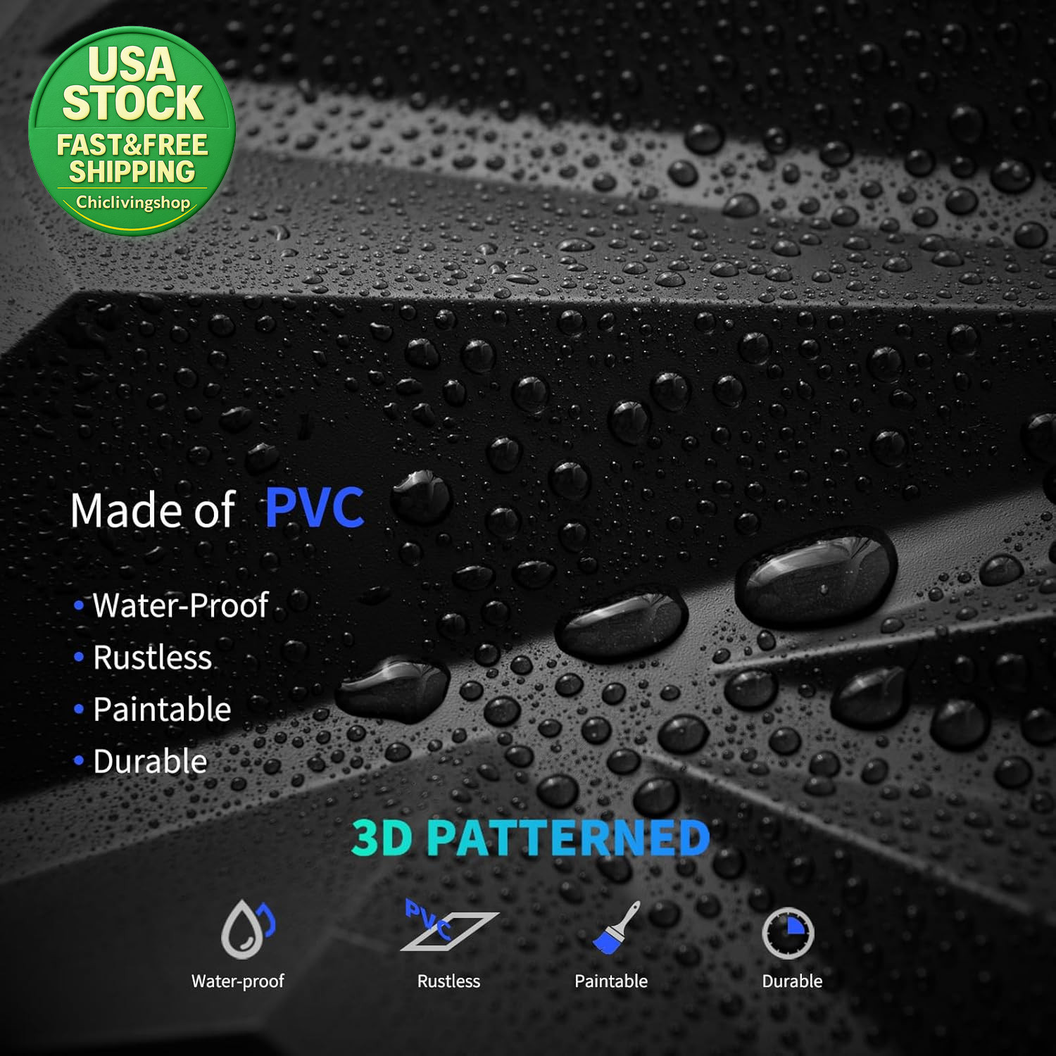 3D Wall Panel Diamond 33 Pack Textured PVC Cover 32 Sq Ft Black 12X12
