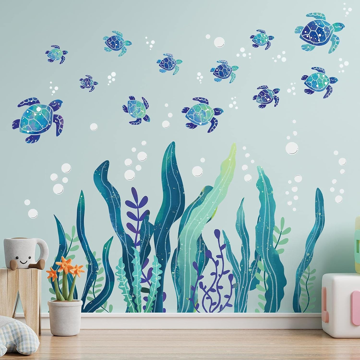 Sea Turtle Wall Decals 3D Ocean Grass Seaweed Stickers under the Sea Wall Decals