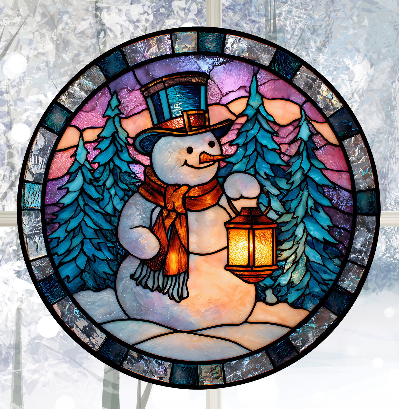 Snowman Faux Stained-Glass WINDOW CLING Sun-catcher Size 8" Round Vinyl