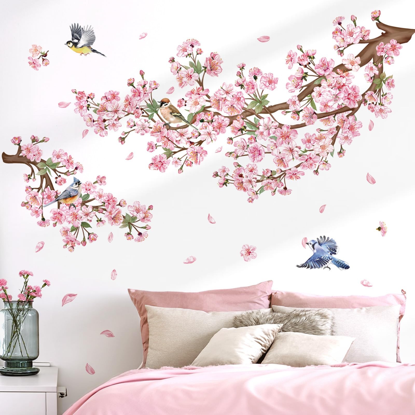Cherry Blossom Branch Wall Decals Pink Floral Birds Wall Stickers Bedroom Liv…