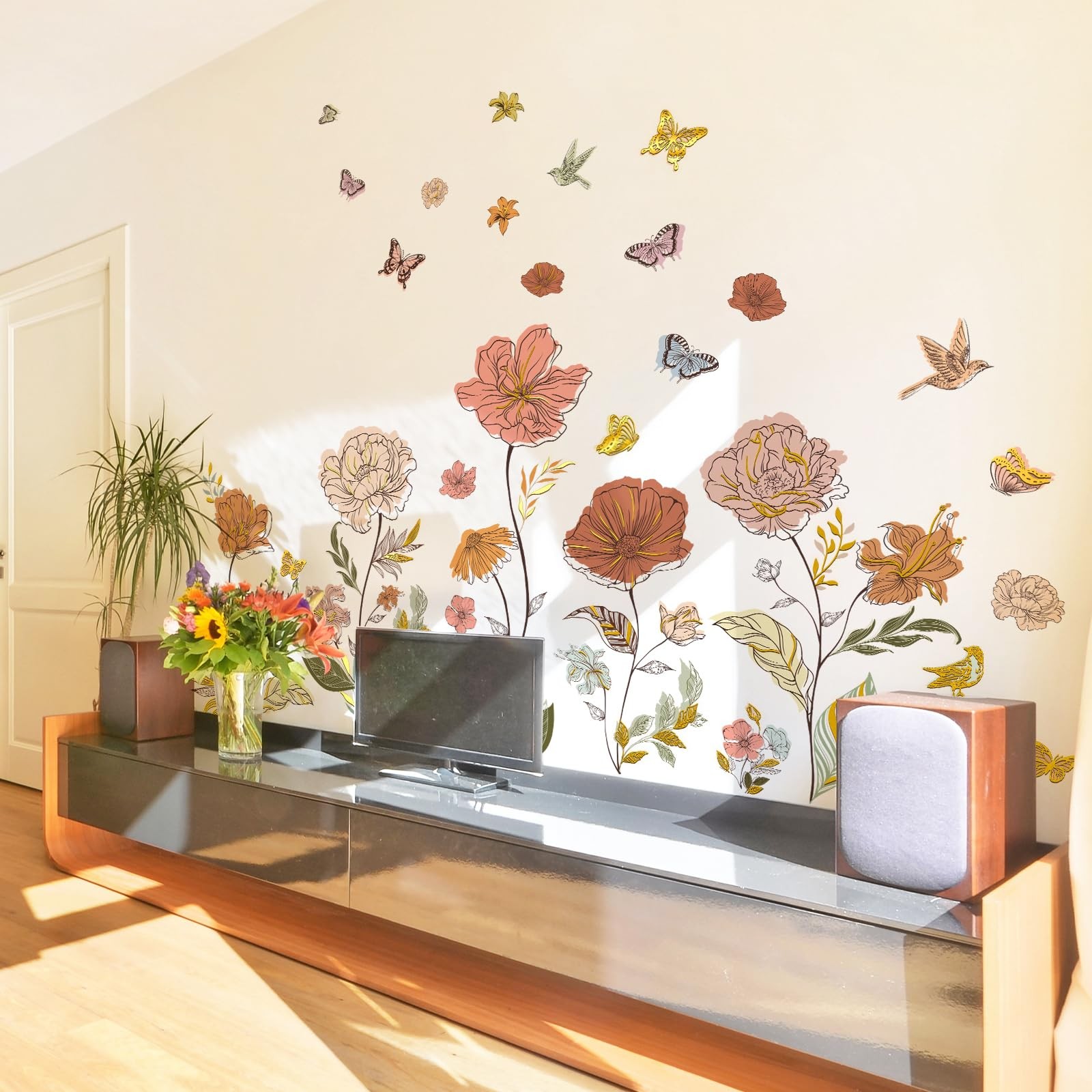 Boho Floral Wall Stickers Peony & Butterfly Wall Decals, Bohemia Flower Decor…