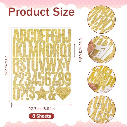 368 PCS Gold Letter Stickers 2 Inch Self-Adhesive Large Glitter Alphabet