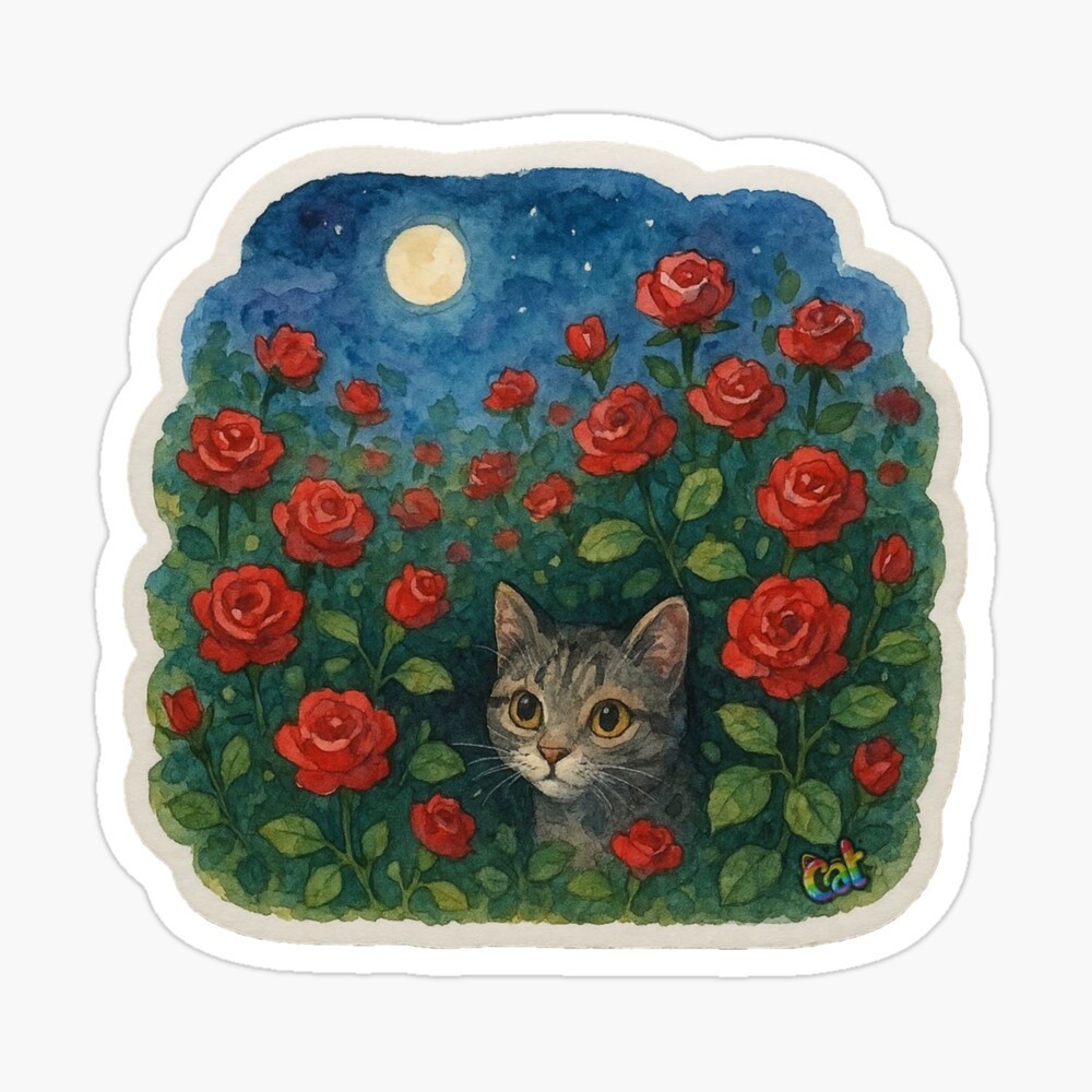 Cat Among Roses Sticker by C Autumn Trapp Original Art 3" x 3"
