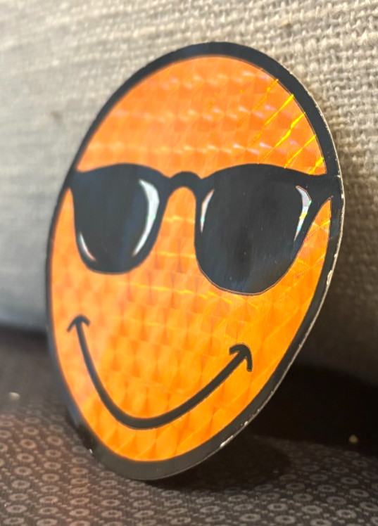 Vintage! Smiley Face with Black Sunglasses Sticker ~Orange Gold Prism Glitter 3"