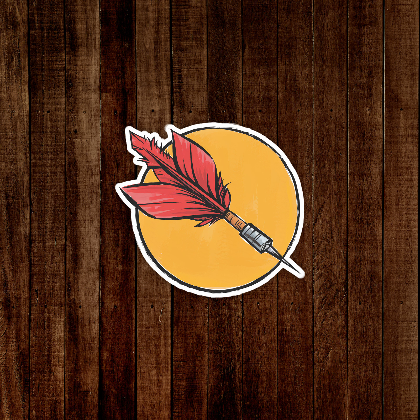 Vintage Quill Pen Sticker – Retro Writing Emblem, Red Feather Illustration #753