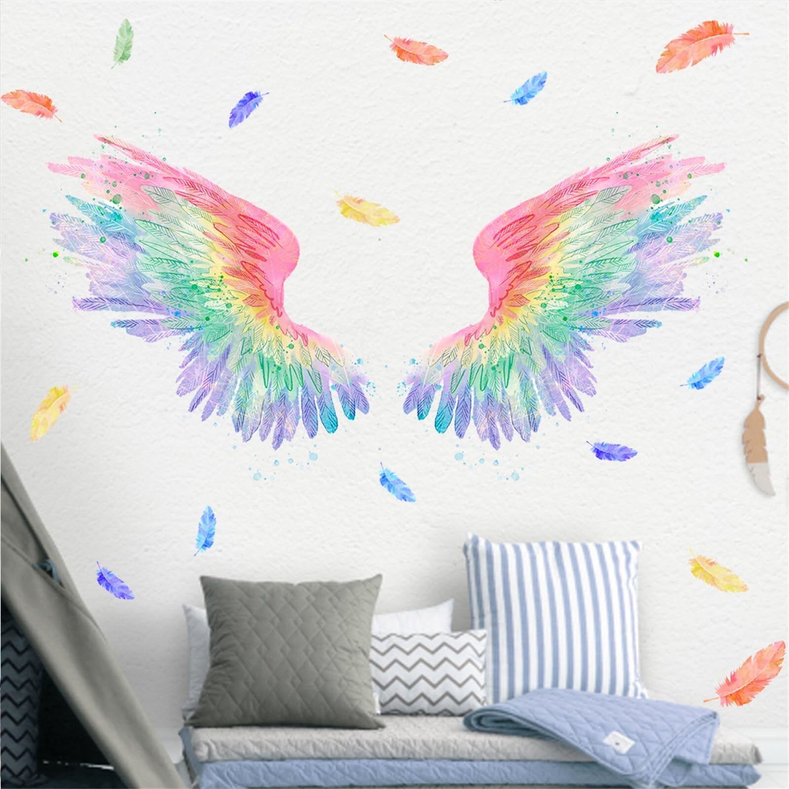 Angel Wings Watercolor Feather Wall Stickers, Multicolor, PVC, Custom Style, …