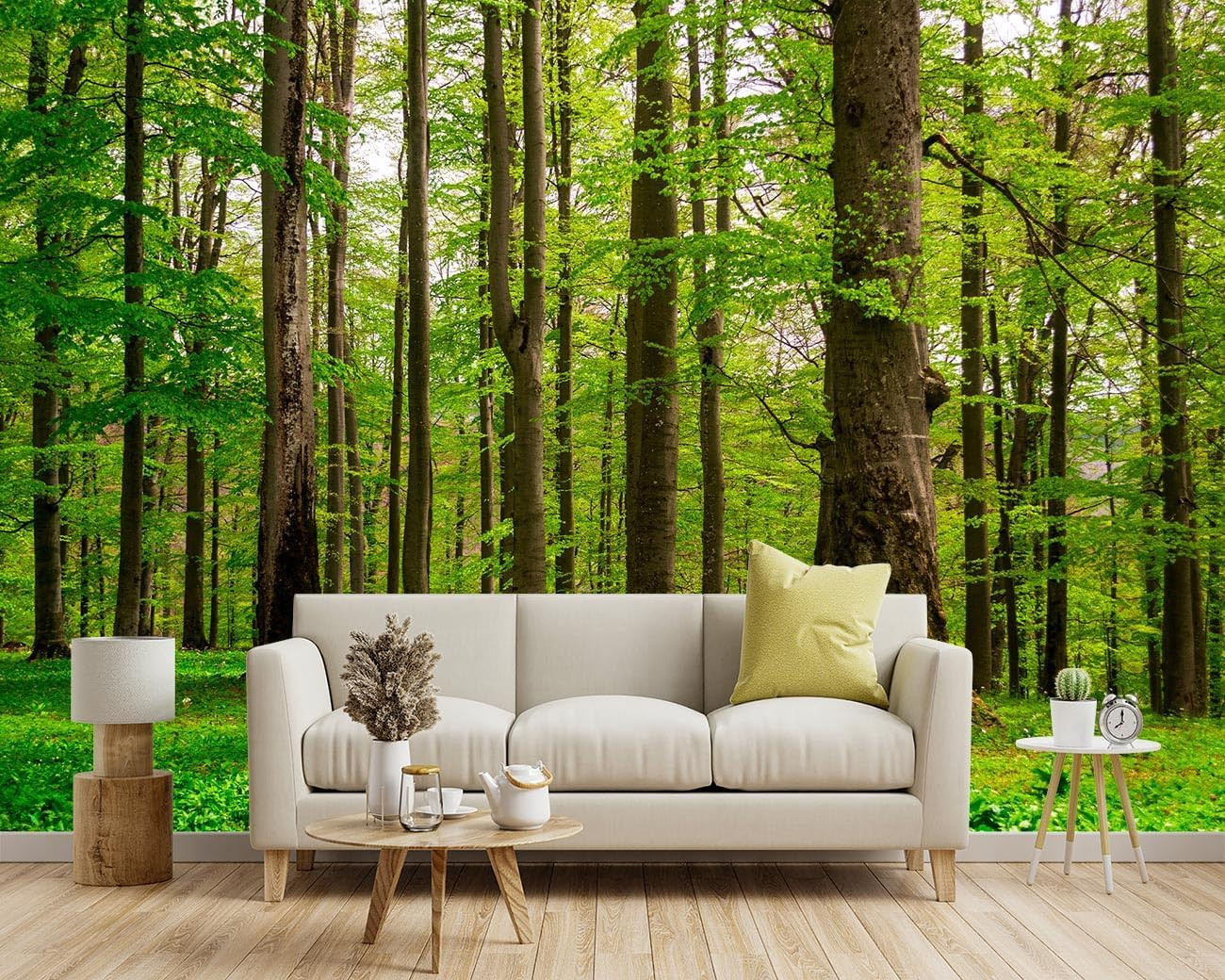 Green Forest Tree Fabric Wallpaper Mural for Living Room & Bedroom 137"x96