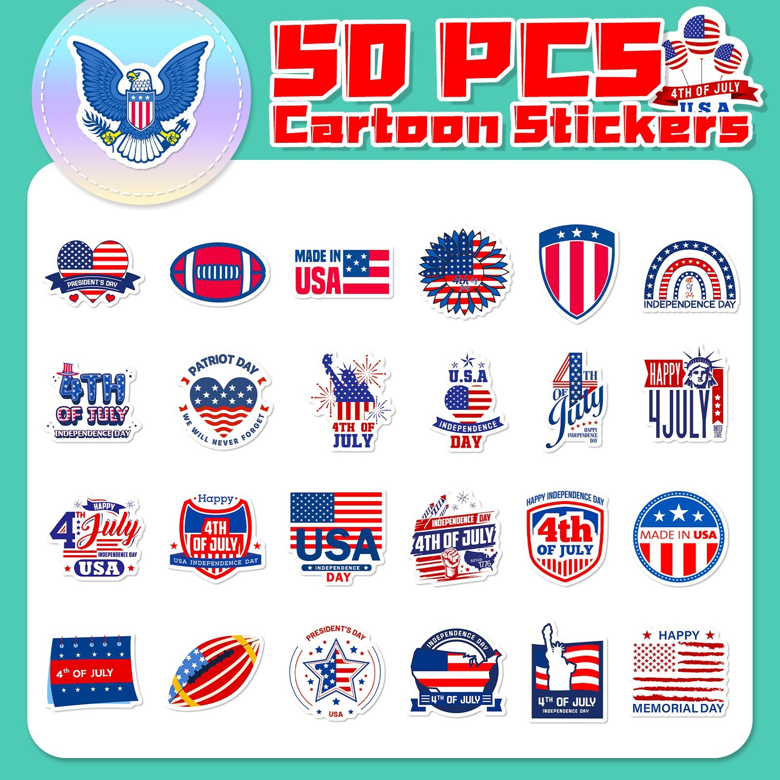 50PCS USA Flag Patriotic Stickers Independence Day Faith Decals for Laptop Phone