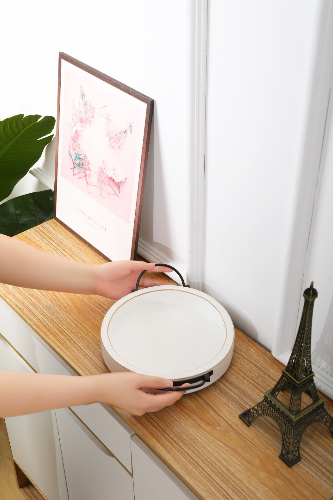 White Wood Pedestal Tray Stand for Tabletop, Countertop Handle(9.6×5.1 Inch)