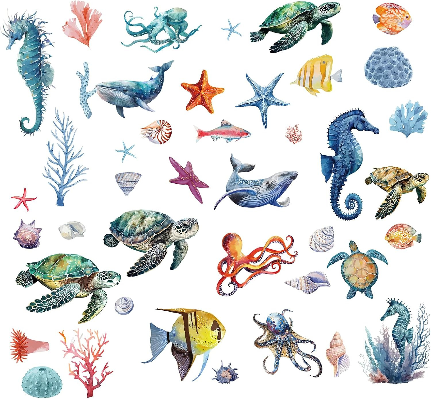 8 Sheets Sea Life Window Decals Stickers Ocean 3D Turtle Seahorse Starfish Coral