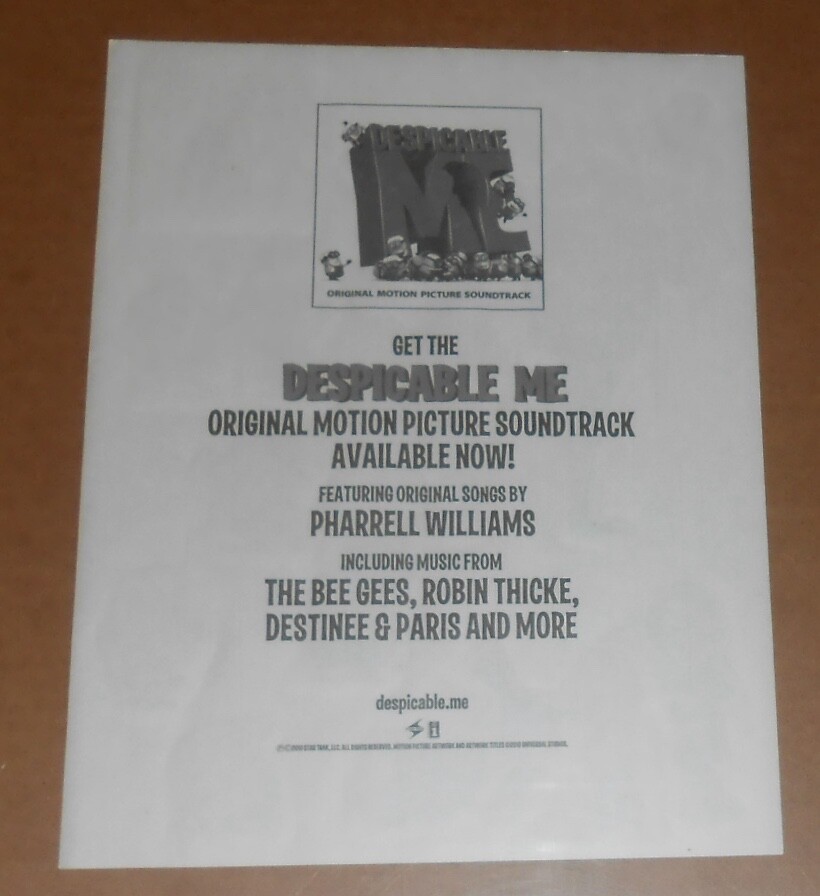 Despicable Me Movie Soundtrack Sticker Sheet Original 2010 Promo 8.5×11 RARE
