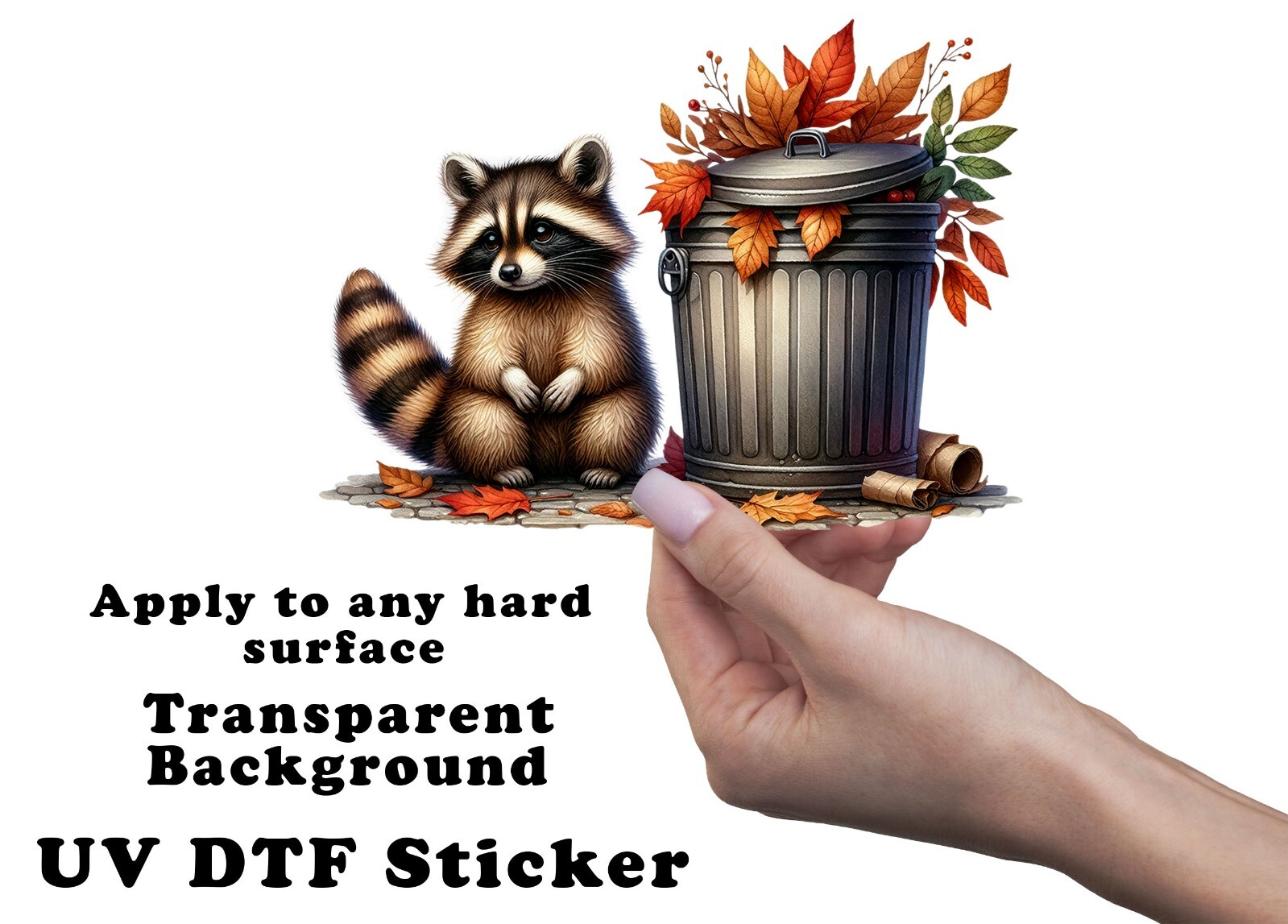 Fall Leaves Raccoon and Trash Can UV DTF Transparent Sticker / Decal