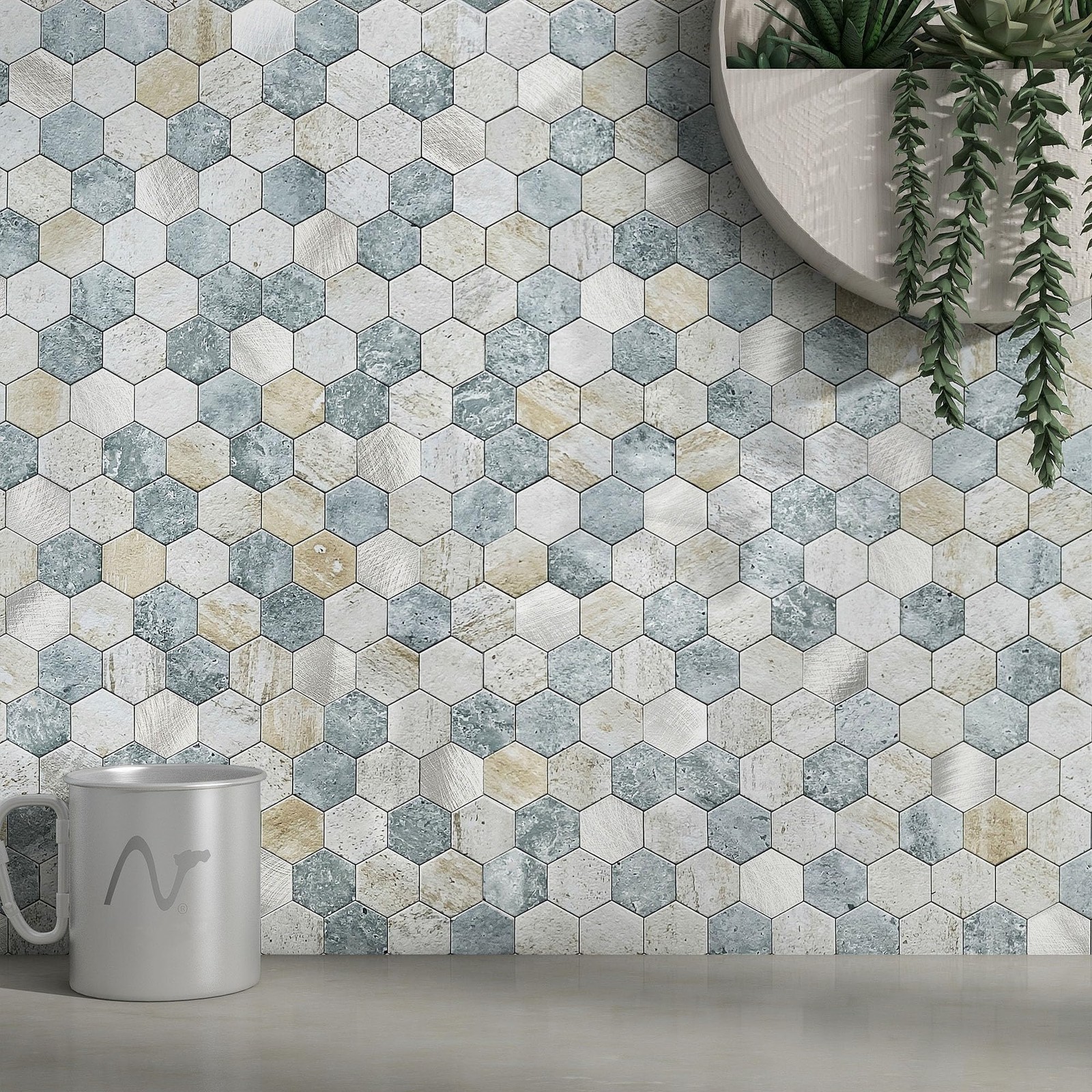 MOFIT Hexagon Peel and Stick Backsplash Tiles Kitchen,Self-Adhesive Metal and…