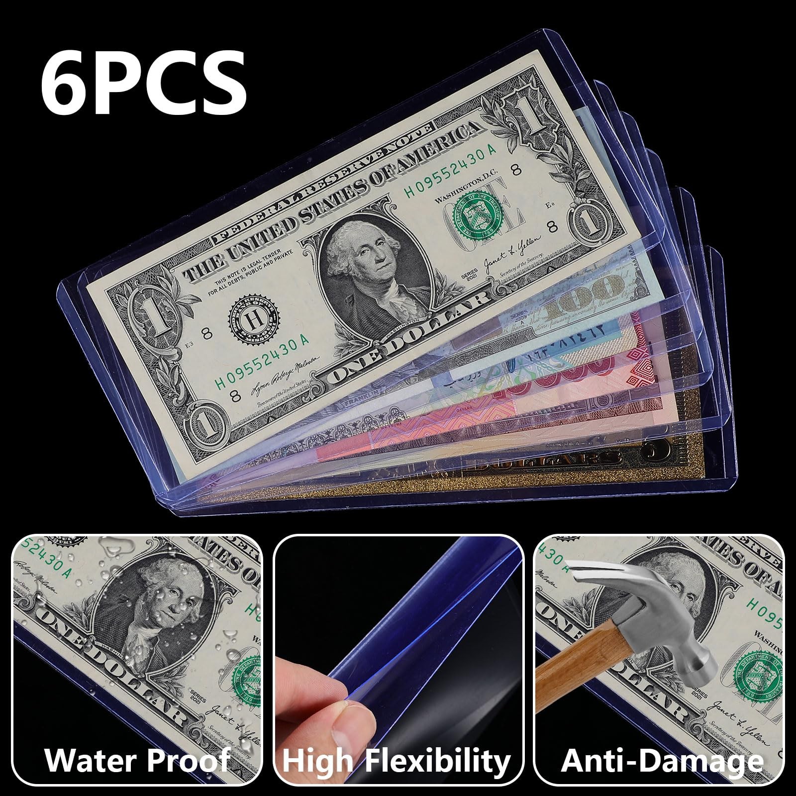 6 Pack Clear Dollar Bill Holders 6.81 x 2.95 Inch Transparent Currency Sleeves