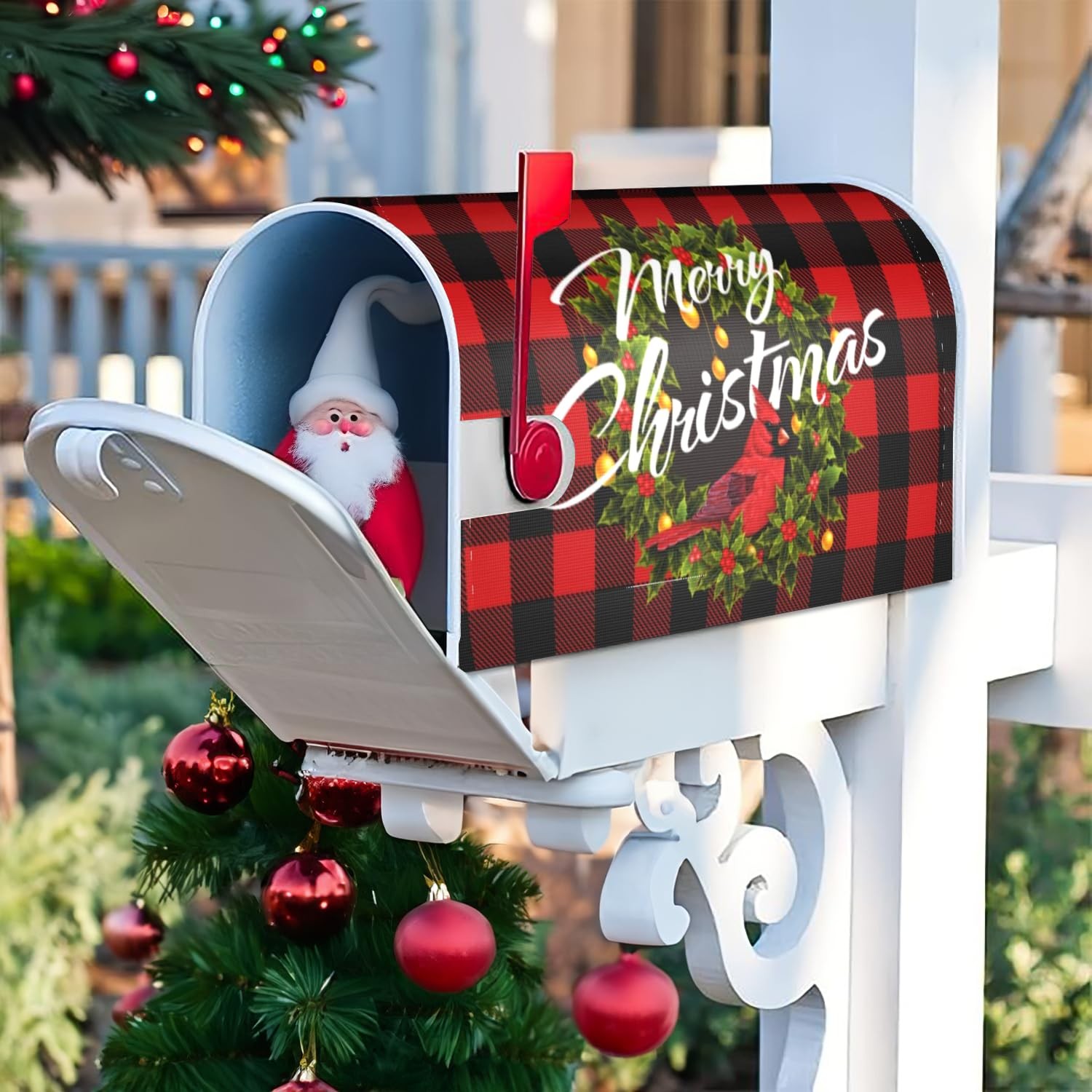 Merry Christmas Magnetic Mailbox Cover – Winter Xmas Wreath Red One Size,