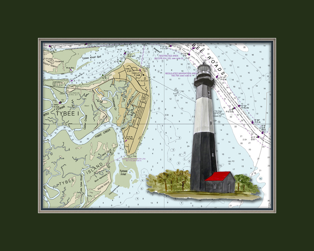 Tybee Island, GA Lighthouse and Nautical Chart High Quality Canvas Print