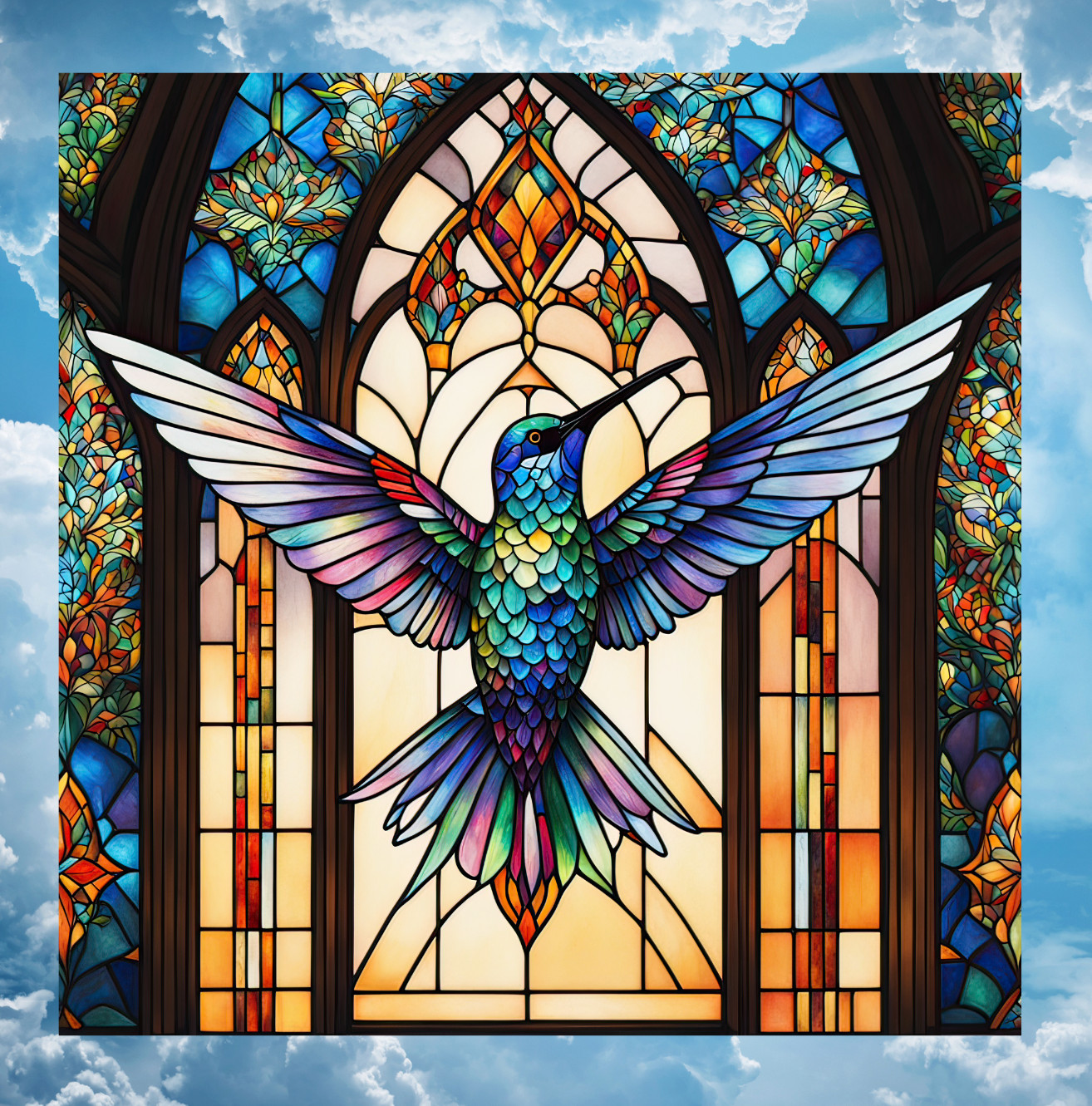 Hummingbird Faux Stained Glass WINDOW CLING Church Glass Arches ~ Size 8" Vinyl
