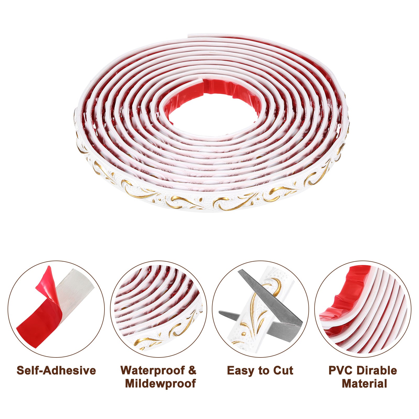 Flexible Wall Trim Molding 16.4Ft x 0.79Inch Adhesive, Wave White Gold