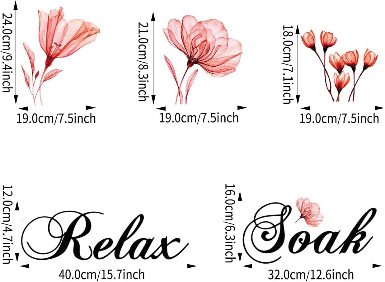 Soak Relax Enjoy Wall Sticker Red Flower Butterfly Peel and Stick Wall Art Decor