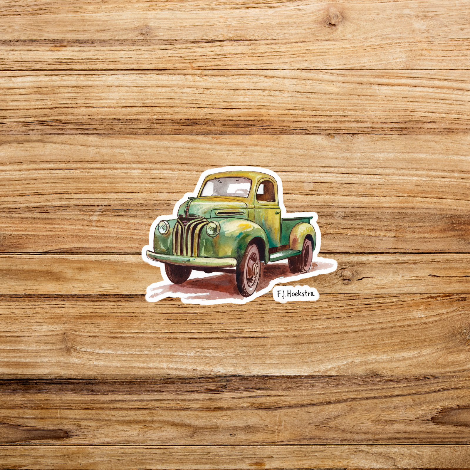 Vintage Green Truck Watercolor Sticker – Rustic Farmhouse Decor for Car or Lapto