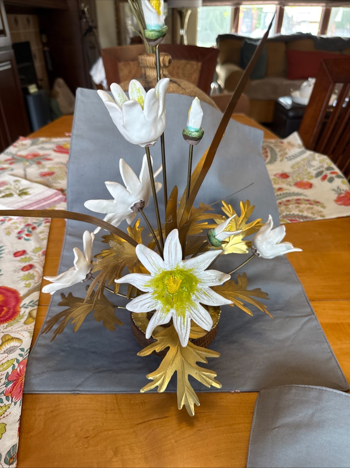 Vinitage Winifred Cole MCM Porcelain Flowers and Brass Leaves Sculpture