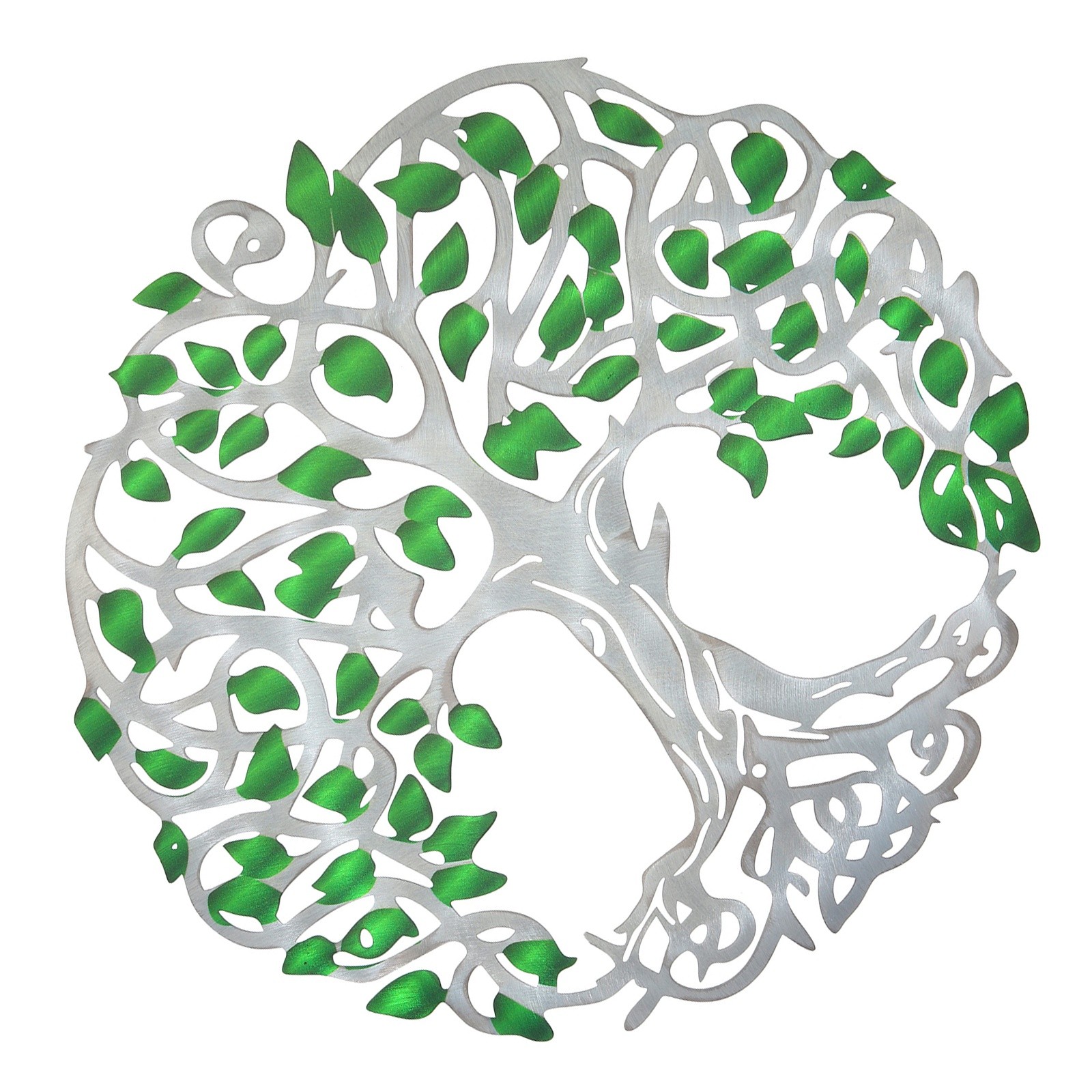 Metal Tree Leaf Hanging Sign Tree of Life Wall Sculpture Decoration Green Silver