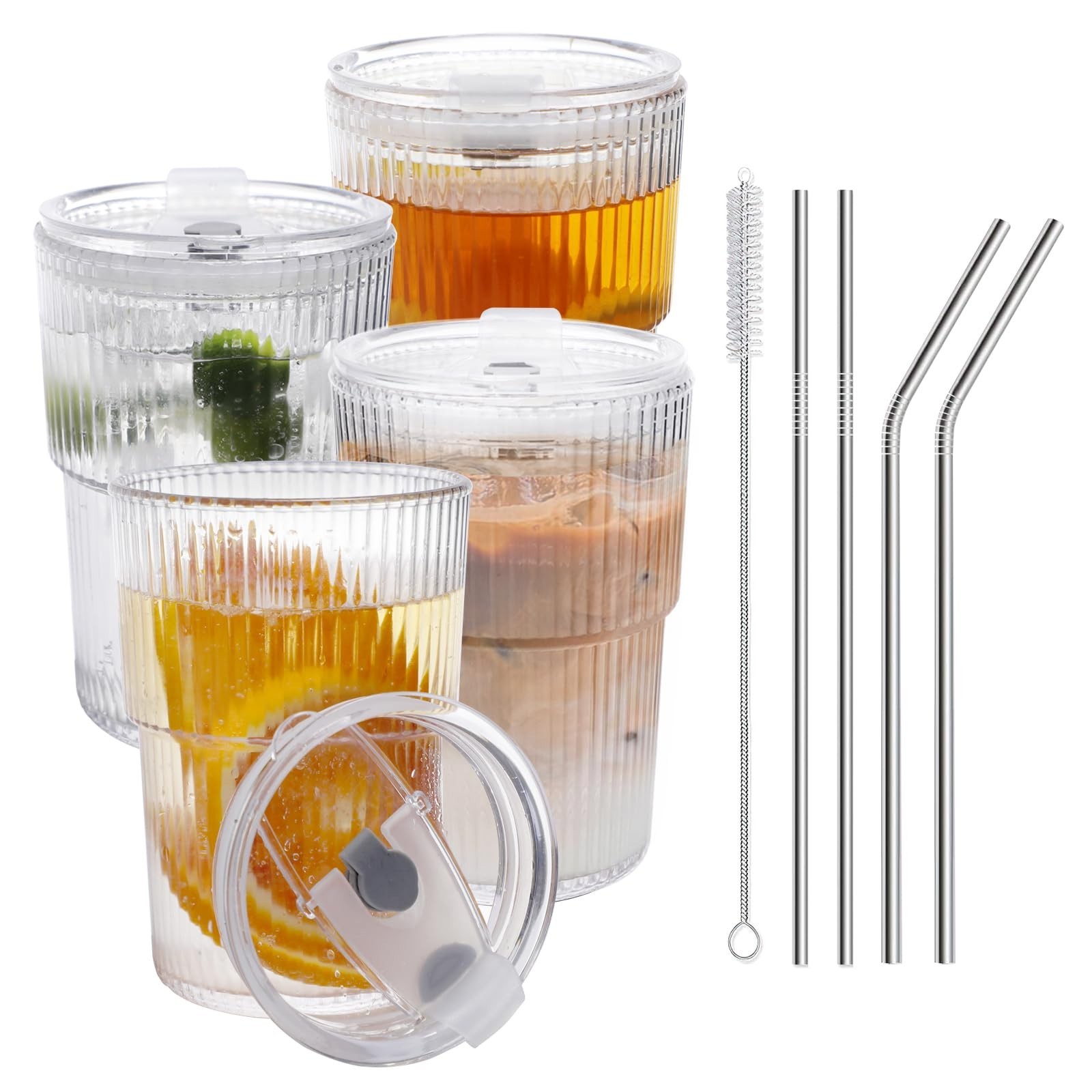 16 OZ Iced Coffee Cups with Lids and Straws Set of 4, Unbreakable Plastic Dri…