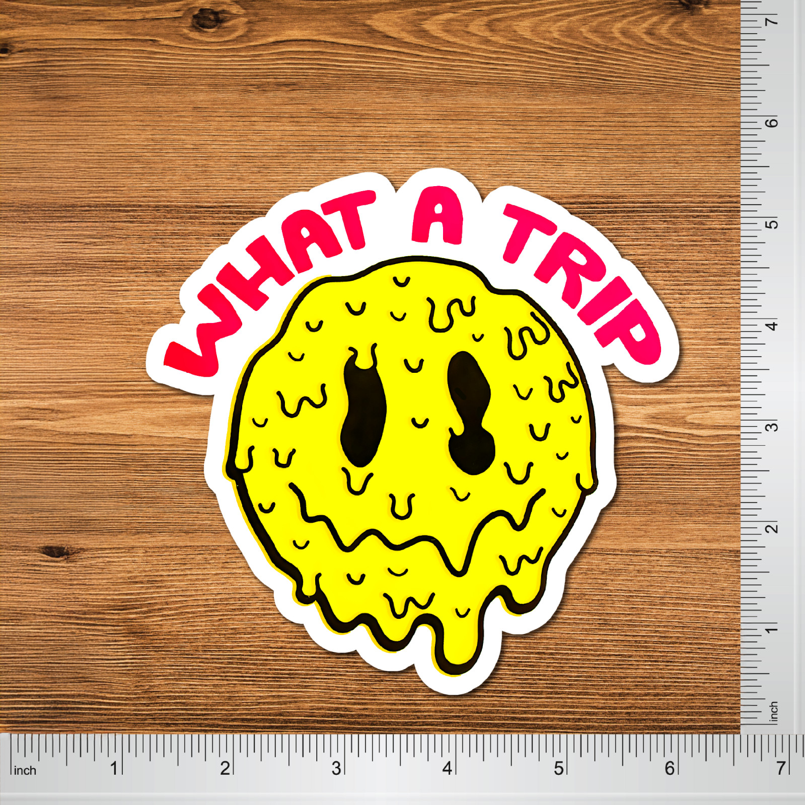 Trippy Melting Smiley “What a Trip” 5" 2 Pack Vinyl Sticker, Psychedelic Decal