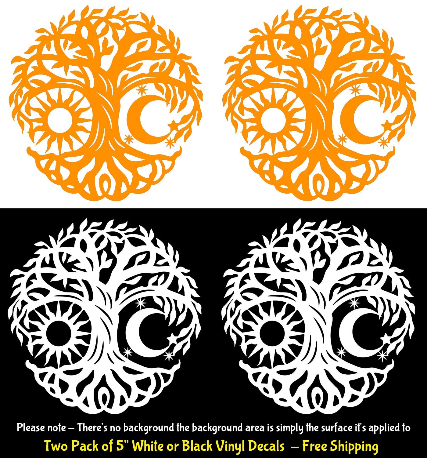 Sun Moon Tree of Life Two Pack 5" Vinyl Decals Vehicle Window Any Flat Surface