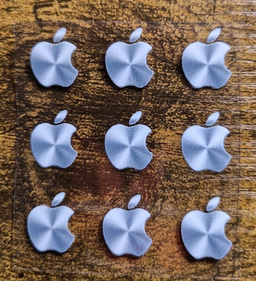 9 pc. Apple Logo Metallic Silver 5/8 in tall UV DTF Decal Sticker waterproof USA