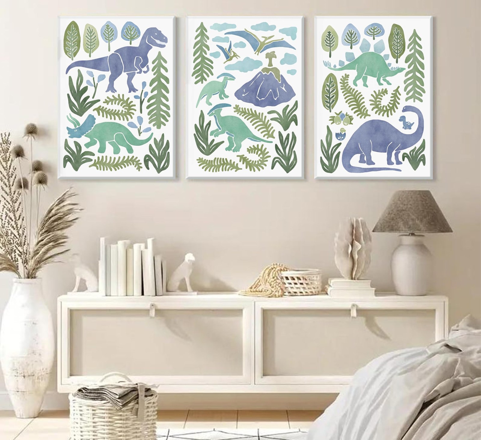 Baby Boys Nursery Wall Art Blue Green Dinosaur Pictures Wall Decor Stegosauru…
