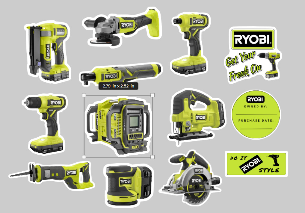Custom Ryobi Decal Stickers Tools Drill saw fun toolbox decorate PICK YOUR TOOL