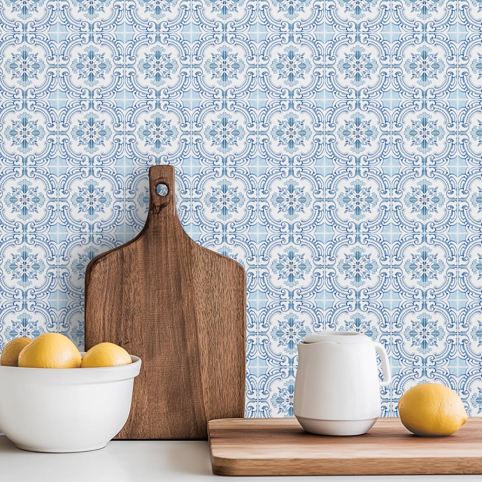 16 Pack, 5.9 Inch Vintage Tile Stickers, Ornate Blue and White Peel and Stick…